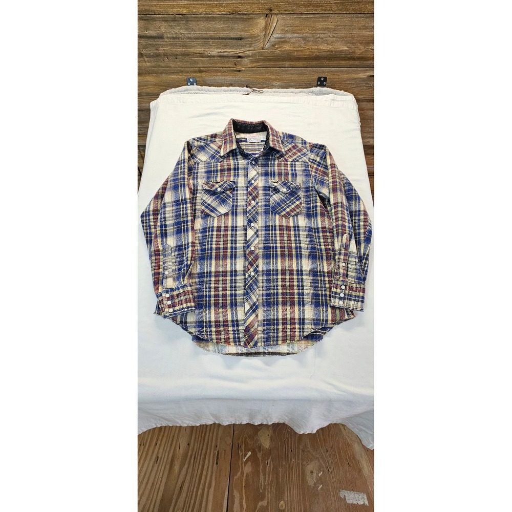 Vintage Wrangler Western Flannel Shirt Mens 17x35 Blue Plaid Pearl Snap USA Made